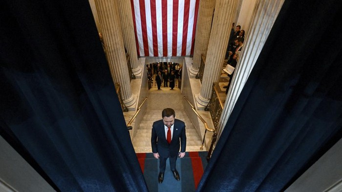 Vice President-elect JD Vance arrives at the 60th Presidential Inauguration in the Rotunda of the U.S. Capitol in Washington, Monday, Jan. 20, 2025. (Kenny Holston/The New York Times via AP, Pool)
