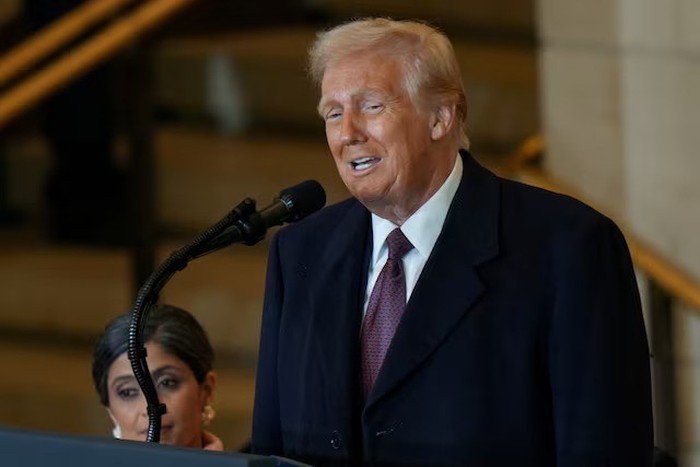 President Donald Trump delivers remarks in Emancipation Hall during inauguration ceremonies at the U.S. Capitol in Washington, on Jan. 20, 2025. Angelina Katsanis/Pool via REUTERS/File Photo Purchase Licensing Rights