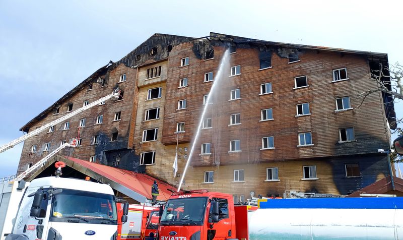 Firefighters work to extinguish a fire at a hotel in the ski resort of Kartalkaya in Bolu province, Turkey, January 21, 2025. REUTERS/Mert Ozkan