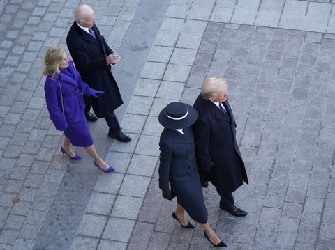 President Donald Trump, from right, and first lady Melania Trump walk to send off former President Joe Biden and Jill Biden after the 60th Presidential Inauguration, Monday, Jan. 20, 2025, at the U.S. Capitol in Washington. (Jack Gruber/Pool Photo via AP)