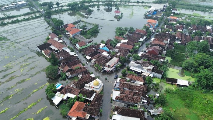 Foto udara suasana banjir merendam Desa Kedungboto, Beji, Pasuruan, Jawa Timur, Rabu (22/1/2025). Menurut data Badan Penanggulangan Bencana Daerah (BPBD) Kabupaten Pasuruan sebanyak 2.350 rumah terendam banjir dan 1.588 kepala keluarga terdampak di lima kecamatan sejak Senin (20/1). ANTARA FOTO/Umarul Faruq/agr