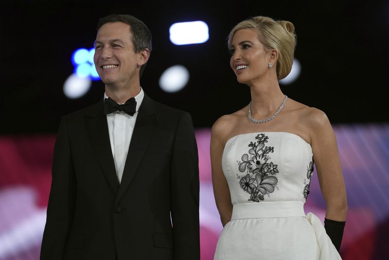 Jared Kushner and Ivanka Trump listen as President Donald Trump speaks at the Liberty Ball, part of the 60th Presidential Inauguration, Monday, Jan. 20, 2025, in Washington. (AP Photo/Evan Vucci)