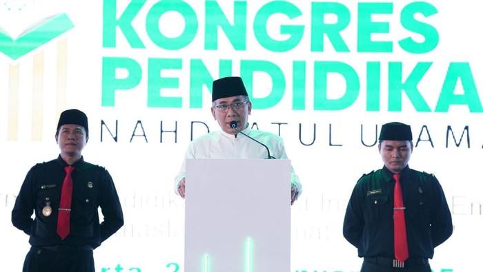 Gus Yahya membuka acara Kongres Pendidikan NU 2025 di Hotel Bidakara, Jakarta, Rabu (22/1/2025)