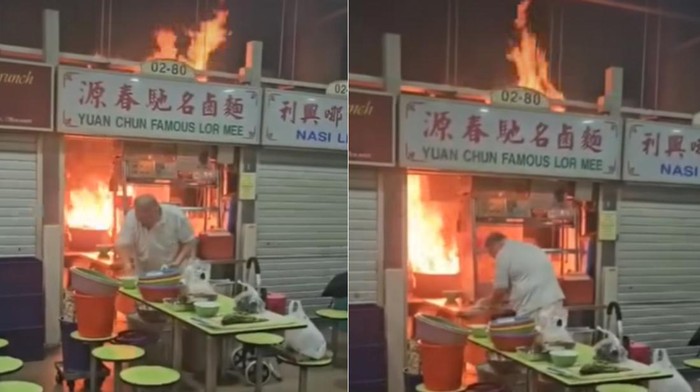 Kedainya Kebakaran, Penjual Ini Santai Pindahkan Makanan