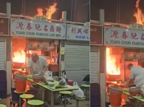 Kedainya Kebakaran, Penjual Ini Santai Pindahkan Makanan