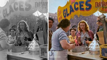 Aktris Barbara Laage saat sedang menikmati es krim di Paris, 1946. Foto: Boredpanda/Sebastien De Oliveira
