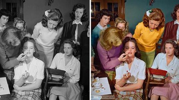 Demonstrasi kelas tata rias jalanan di kelas manajemen rumah tangga, di sekolah menengah atas Woodrow Wilson, Washingthon, DC, Oktober 1943. Foto: Boredpanda/Sebastien De Oliveira