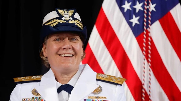 Admiral Linda Fagan reacts as she attends her change of command ceremony to be installed as commandant of the US Coast Guard at Coast Guard headquarters in Washington on June 1, 2022. Jonathan Ernst/Reuters