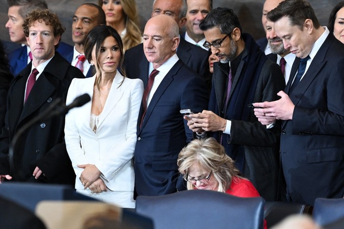 WASHINGTON, DC - JANUARY 20: (L-R) Priscilla Chan, Meta CEO Mark Zuckerberg, Lauren Sanchez, and businessman Jeff Bezos, among other dignitaries, attend the United States Capitol on January 20, 2025 in Washington, DC. Donald Trump takes office for his second term as the 47th President of the United States.   Shawn Thew-Pool/Getty Images/AFP (Photo by POOL / GETTY IMAGES NORTH AMERICA / Getty Images via AFP)
