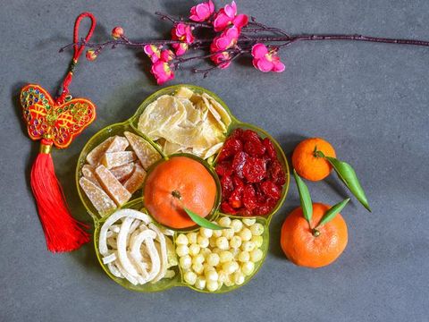 Top view accessories Chinese (Lunar) New Year Festival decorations. Chinese text is Good Luck.