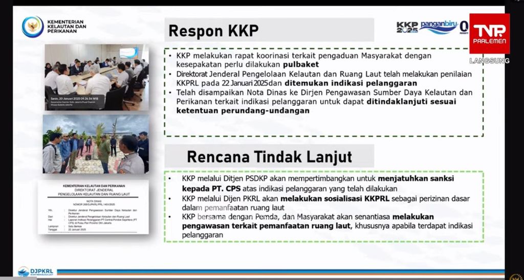 Paparan Menteri Kelautan dan Perikanan Wahyu Sakti Trenggono saat Rapat Kerja dengan komisi IV DPR RI terkait pemanfaatan ruang laut, Kamis (23/1/2025). (Tangkapan Layar Youtube DPR RI)