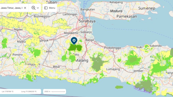 Peta Jawa Timur di aplikasi BHUMI ATR/BPN.