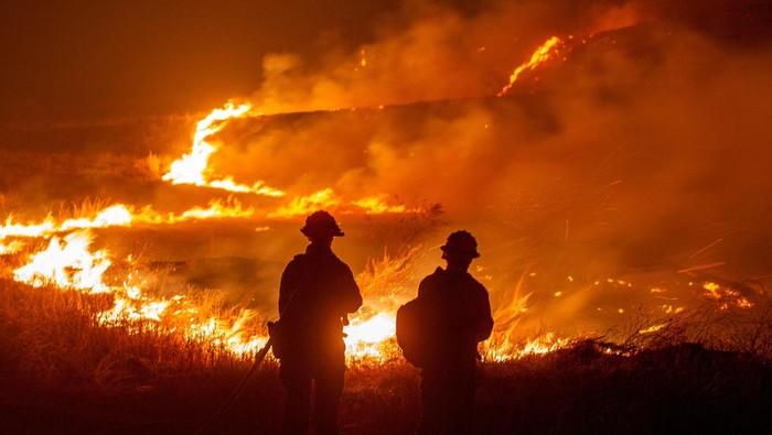Aksi Damkar California Berjibaku Padamkan Kebakaran Hughes Firefighters battle the Hughes Fire near Castaic Lake, north of Santa Clarita, California, U.S. January 22, 2025. REUTERS/Ringo Chiu