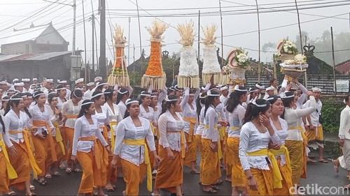 Keramaian dan arak-arakan Ngening Puncak palebon Jero Gede Kawanan (Alitan) Batur di Jalan Raya Batur hingga pertigaan Tunon, Batur, Kintamani, Bangli, Jumat (24/1/2025). (Aryo Mahendro/detikBali).