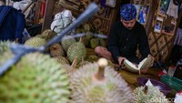 Sementara itu sibuk membuka durian-durian itu dengan golok tajamnya, tak luput sebelum membuka ia memukulnya untuk mengetahui isinya sudah matang atau belum dari suaranya.
