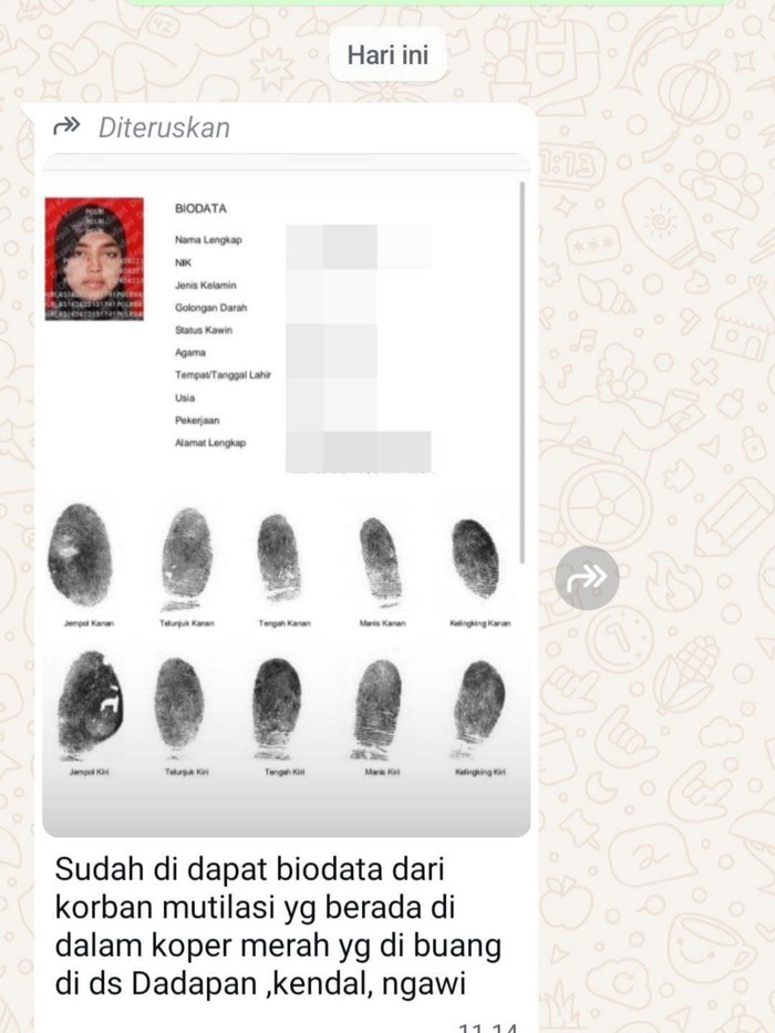 Pesan berantai yang tersebar soal identitas mayat dalam koper korban mutilasi di Ngawi