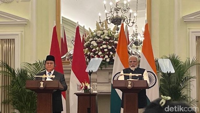 Prabowo usai menggelar pertemuan bilateral dengan Narendra Modi di Hyderabad House, New Delhi, India, Sabtu (25/1/2025). Foto: Eva/detikcom.