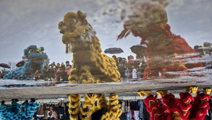 Pengunjung memberikan angpao kepada barongsai di objek wisata Tepi Gunung Nature Park, Cisarua, Kabupaten Bandung Barat, Jawa Barat, Minggu (26/1/2025). Atraksi barongsai di objek wisata tersebut untuk menghibur pengunjung sekaligus menyambut Tahun Baru Imlek 2576 Kongzili yang jatuh pada Rabu (29/1). ANTARA FOTO/Abdan Syakura/foc.