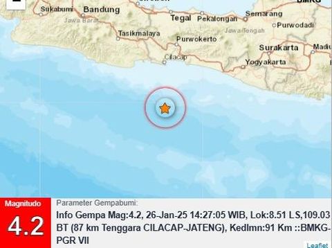Gempa bumi magnitudo (M) 4,2 di Kabupaten Cilacap, Jawa Tengah, pukul 14.27 WIB, Minggu (26/1/2025).