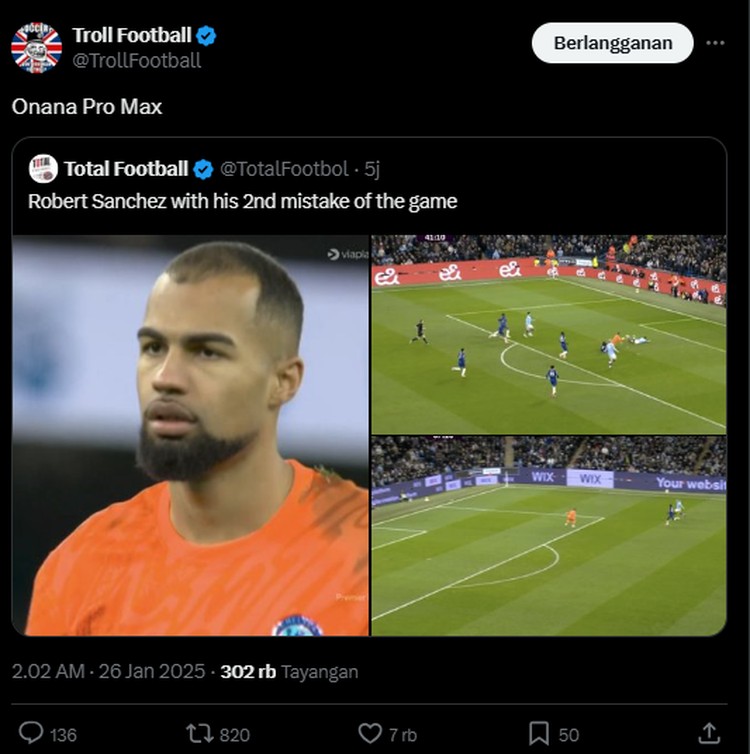 Manchester City berhasil mengalahkan Chelsea dengan skor akhir 3-1. Dalam hal ini kiper Chelsea Robert Sánchez, disamakan dengan Onana. Berikut meme-nya.