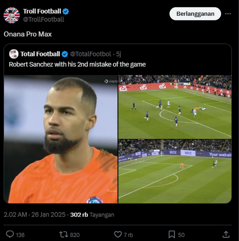 Manchester City berhasil mengalahkan Chelsea dengan skor akhir 3-1. Dalam hal ini kiper Chelsea Robert Sánchez, disamakan dengan Onana. Berikut meme-nya.