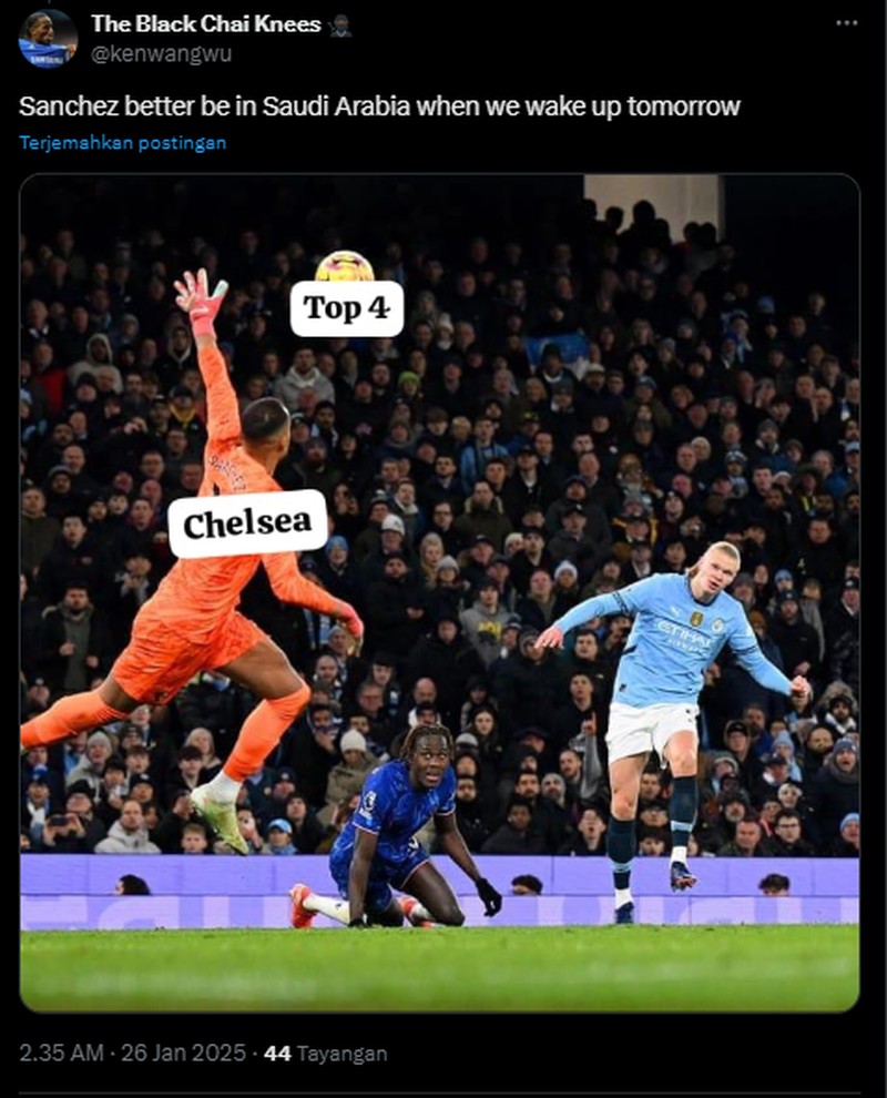 Manchester City berhasil mengalahkan Chelsea dengan skor akhir 3-1. Dalam hal ini kiper Chelsea Robert Sánchez, disamakan dengan Onana. Berikut meme-nya.