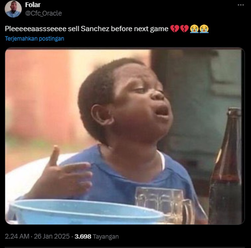 Manchester City berhasil mengalahkan Chelsea dengan skor akhir 3-1. Dalam hal ini kiper Chelsea Robert Sánchez, disamakan dengan Onana. Berikut meme-nya.