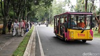 Selain pertunjukkan, pengunjung juga bisa menikmati sejumlah fasilitas lainnya di TMII. Salah satunya kereta wara-wiri.