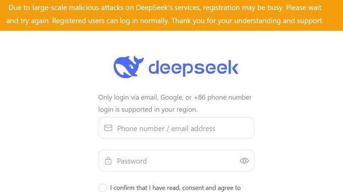 DeepSeek AI asal China yang mengusik pasar saham AS kena serangan siber. Pengguna baru mengalami kesulitan untuk mencoba mendaftar.