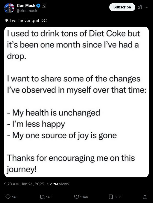 elon musk suka minum diet coke