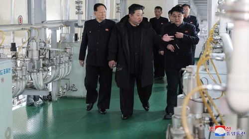 North Korean leader Kim Jong Un visits the countrys nuclear material production base and nuclear weapons institute, at an undisclosed location in North Korea, in this photo released by North Koreas official Korean Central News Agency on January 29, 2025. KCNA via REUTERS Purchase Licensing Rights