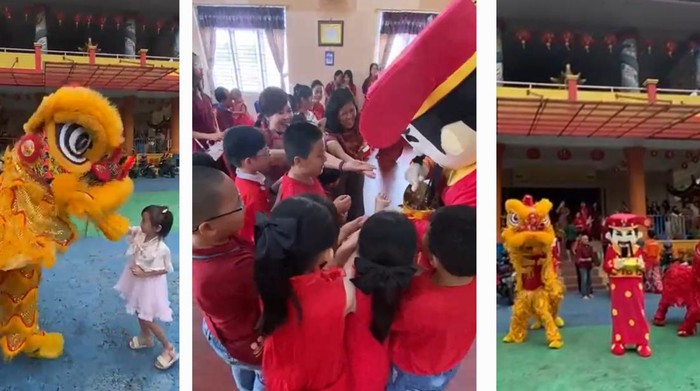 Perayaan Imlek di Lubuklinggau dimeriahkan dengan barongsai dan badut dewa rezeki.