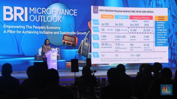 Menteri Keuangan, Sri Mulyani menyampaikan pidato utama dalam acara BRI Microfinance Outlook 2025 di Nusantara Hall, ICE BSD, Tangerang, Banten, Kamis (30/1/2025). (CNBC Indonesia/Faisal Rahman)