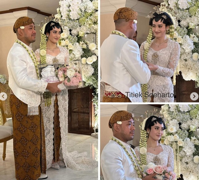 Di hari pernikahannya Uta dan Andie kompak mengenakan busana pengantin adat Jawa berwarna putih. Pengantin wanita tampil cantik dengan kebaya panjang berekor dipadukan dengan kain batik berwarna coklat. Melengkapi penampilannya, sanggul, roncean melati, serta cunduk mentul juga tampak terpasang di kepala pengantin wanita. Foto: Instagram/@titieksoeharto