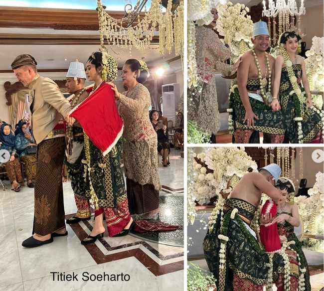 Rangkaian acara pernikahan tampak kental dengan nuansa adat Jawa. Dalam beberapa foto juga terlihat kedua mempelai yang mengenakan baju dodotan Jawa berwarna hijau. Foto: Instagram/@titieksoeharto