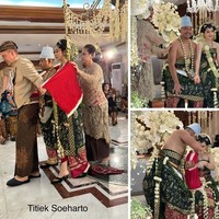 Rangkaian acara pernikahan tampak kental dengan nuansa adat Jawa. Dalam beberapa foto juga terlihat kedua mempelai yang mengenakan baju dodotan Jawa berwarna hijau. Foto: Instagram/@titieksoeharto
