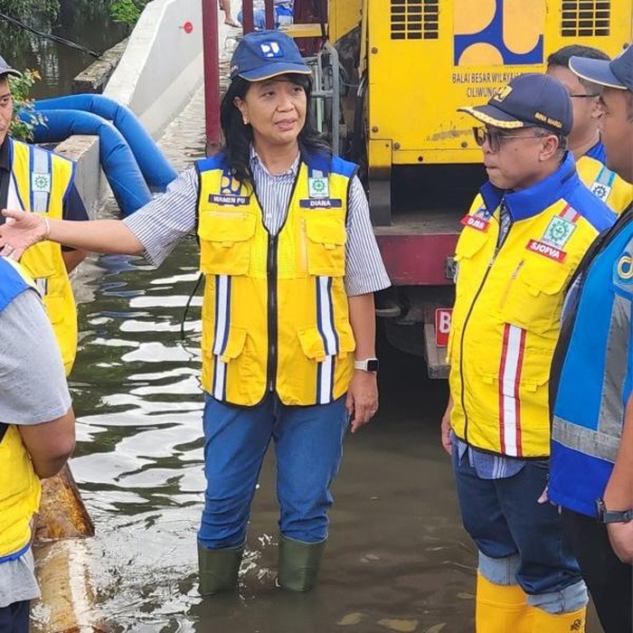 Wamen PU Diana Kusumastuti meninjau lokasi banjir di ruas Jalan Tol Sedyatmo Km 31+200 arah Bandara Soekarno-Hatta. (dok Kementerian PU)