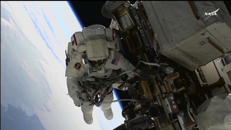 In this image, made from NASA TV, US astronaut Suni Williams works outside the International Space Station during a spacewalk, Thursday, Jan. 30, 2025. (AP Photo/NASA TV)