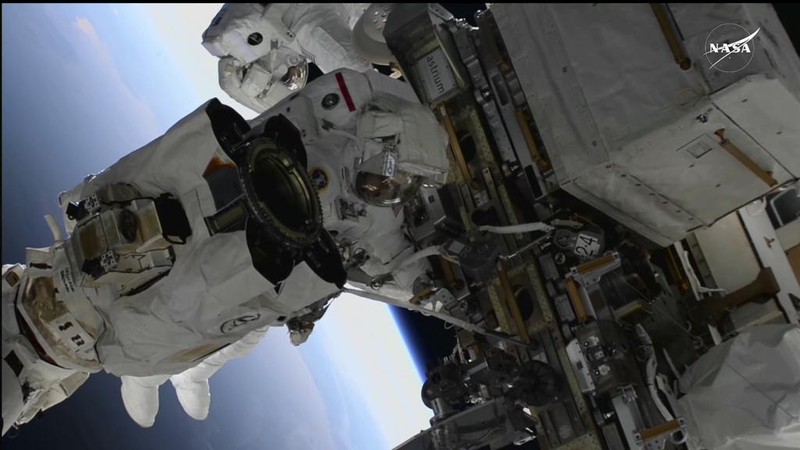 In this image, made from NASA TV, US astronaut Suni Williams works outside the International Space Station during a spacewalk, Thursday, Jan. 30, 2025. (AP Photo/NASA TV)