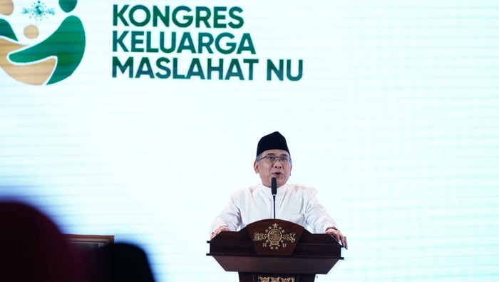 Yahya Cholil Staquf alias Gus Yahya di acara Kongres Keluarga Maslahat NU 2025, di Hotel Bidakara, Jakarta, Jumat (31/1/2025).