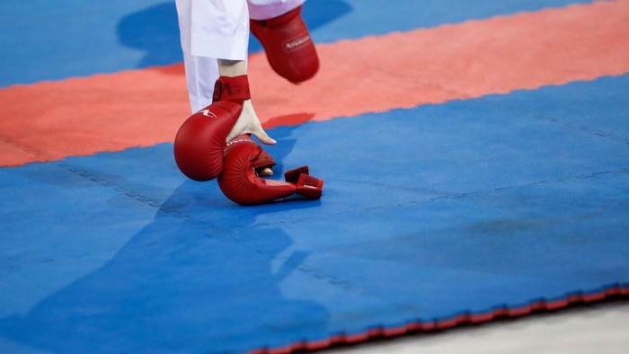 MADRID, SPAIN - NOVEMBER 30: Ilustration, Anita Sergina of Ukraine takes her glove during the Premier League of Karate 1 celebrated at Madrid Arena on November 30, 2019 in Madrid, Spain. (Photo by Oscar J. Barroso / AFP7 / Europa Press Sports via Getty Images)
