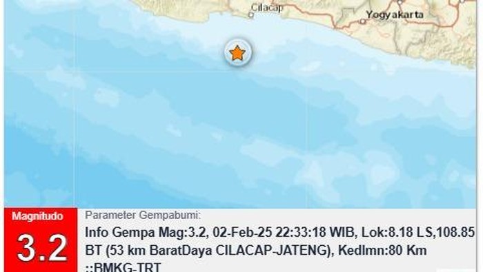 Gempa M 3,2 di Cilacap, Minggu (2/2/2025) pukul 22.33 WIB.
