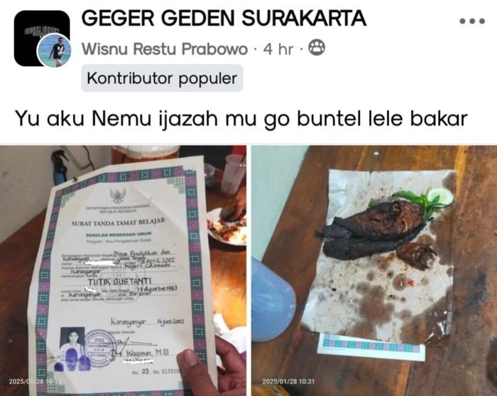 Tangkapan layar akun Facebook Geden Surakarta menunjukkan viral ijazah jadi bungkus lele bakar. Foto diunggah Minggu (2/2/2025).
