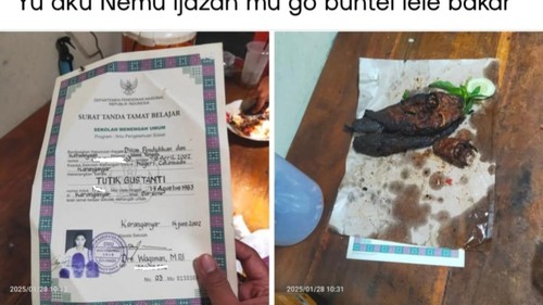Tangkapan layar akun Facebook Geden Surakarta menunjukkan viral ijazah jadi bungkus lele bakar. Foto diunggah Minggu (2/2/2025).