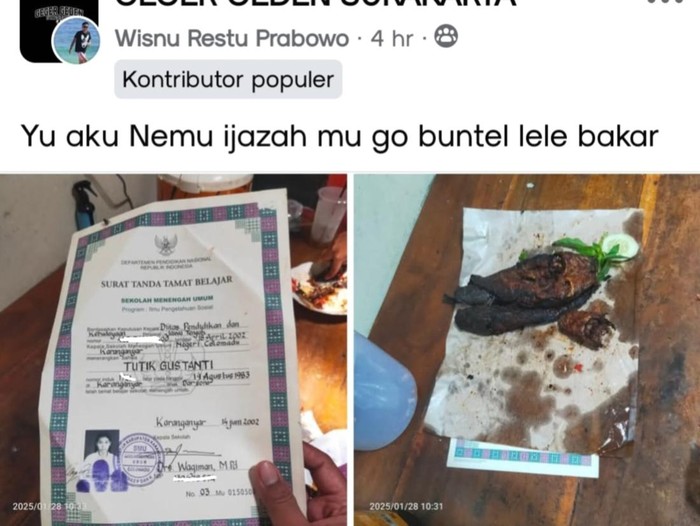Tangkapan layar akun Facebook Geden Surakarta menunjukkan viral ijazah jadi bungkus lele bakar. Foto diunggah Minggu (2/2/2025).