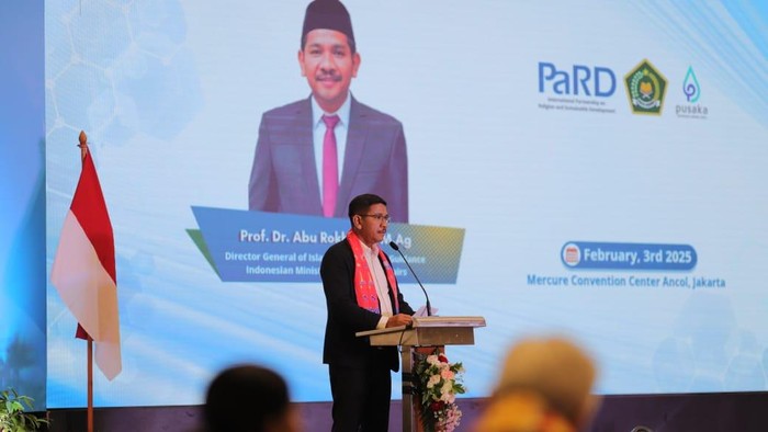 Dirjen Bimas Islam Kementerian Agama, Abu Rokhmad, di acara Partnership on Religion and Development (PaRD) Leadership Meeting 2025 di Jakarta, Senin (3/2/2025).