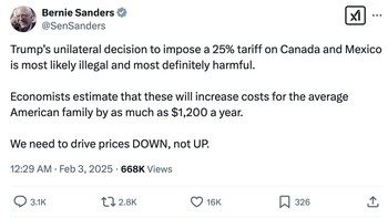 Keputusan Trump menerapkan tarif 25% ke Kanada dan Meksiko tampaknya ilegal dan pastinya merusak, tulis politisi Bernie Sanders. Foto: X.com