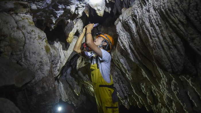 Pegiat susur gua yang tergabung Tasikmalaya Caving Community (TCC) melakukan susur Gua Cikalong di Kabupaten Tasikmalaya, Jawa Barat, Minggu (2/2/2025). Kegiatan pemetaan dan pendataan gua itu dilakukan untuk meneliti ekosistem mikroorganisme di dalam gua yang berada di kawasan karst, dengan memiliki kadar air 7,6 pH (potential hydrogen) dan 132 ppm (part per million) serta total panjang gua mencapai 54 meter. ANTARA FOTO/Adeng Bustomi/nz