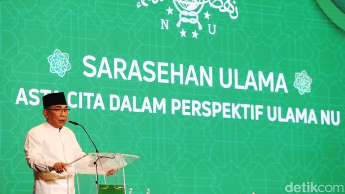 Ketum PBNU Yahya Cholil Staquf atau Gus Yahya membuka Sarasehan Ulama NU di Hotel Sultan, Jakarta, Selasa (4/2/2025). Sarasehan ini bertema 'Asta Cita dalam Perspektif Ulama NU'.