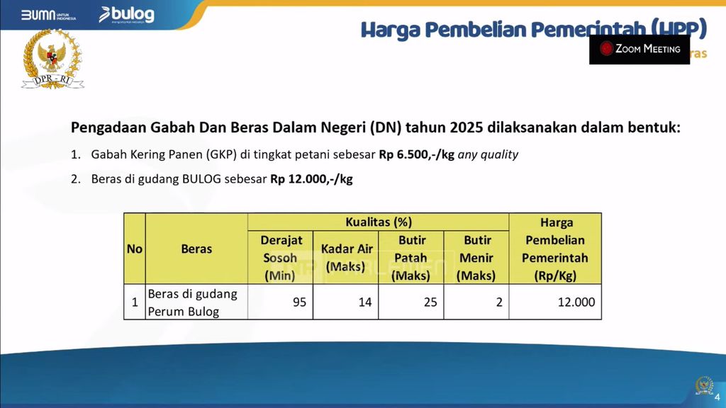 HPP Beras-Gabah, bahan paparan Dirut Bulog Wahyu Suparyono dalam Rapat Dengar Pendapat dengan Kepala Badan Pangan Nasional, Direktur Utama Perum Bulog, Direktur Utama PT Pupuk Indonesia (Persero), dan Direktur Utama PT Rajawali Nusantara Indonesia (Persero)/Holding Pangan/ID FOOD beserta Anak Perusahaan bersama Komisi IV DPR RI, Selasa (4/2/2025). (YouTube/Komisi IV DPR RI)